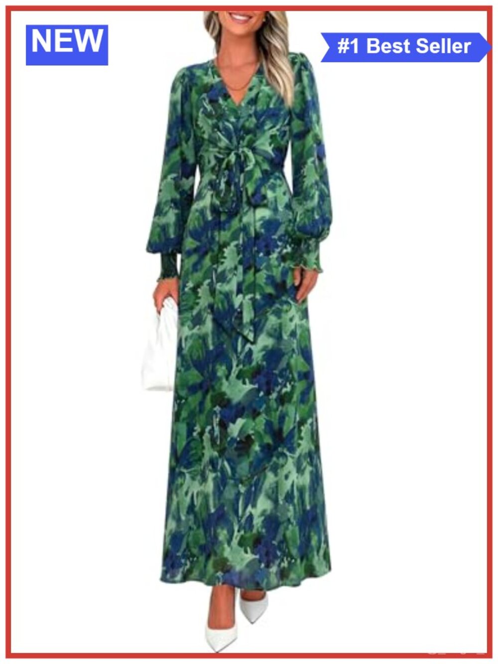 Womens Floral Maxi Dress Long Sleeve V-Neck A-Line Tie Waist Ruffle